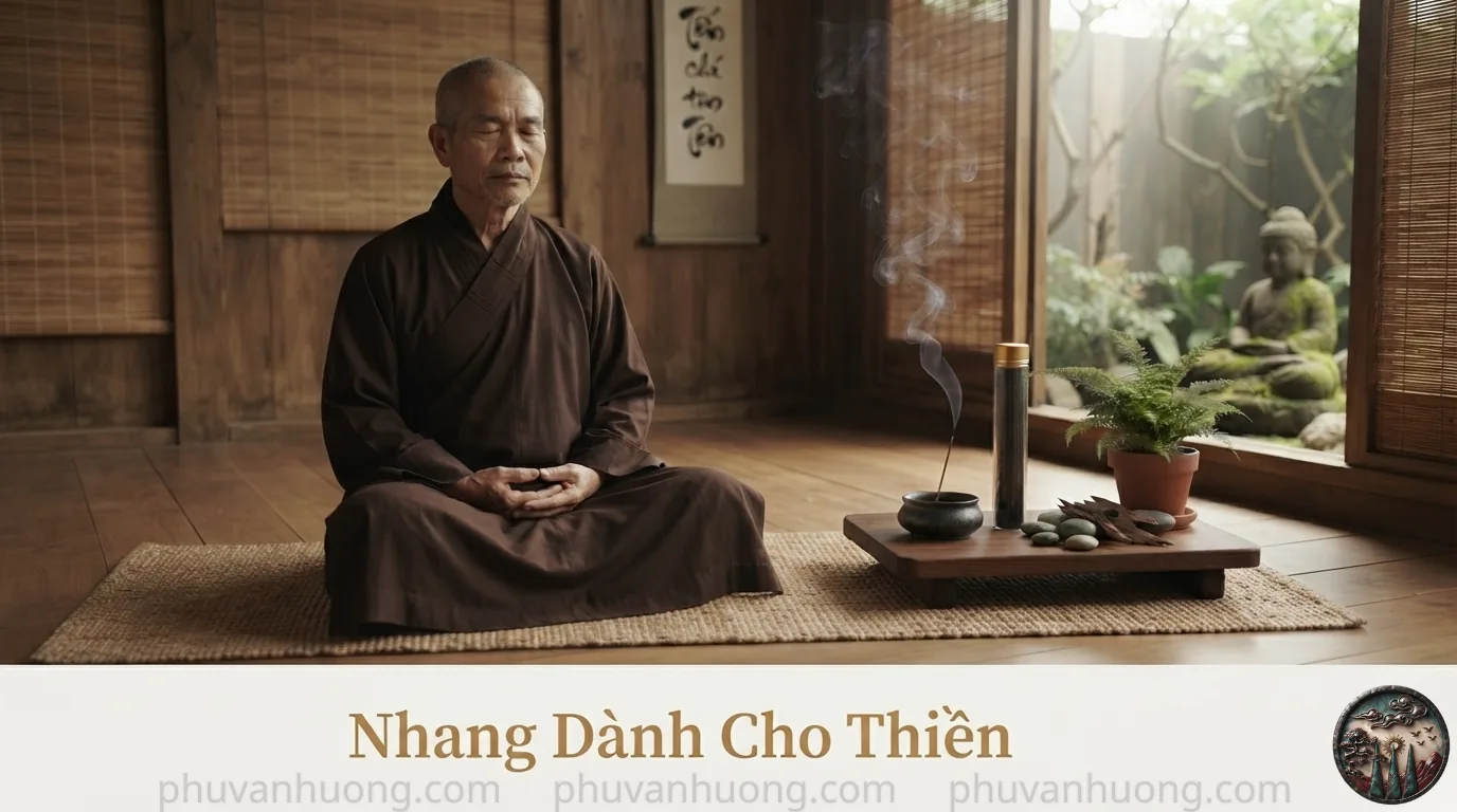 Nhà sư ngồi thiền tĩnh tọa bên nén nhang Phù Vân Hương